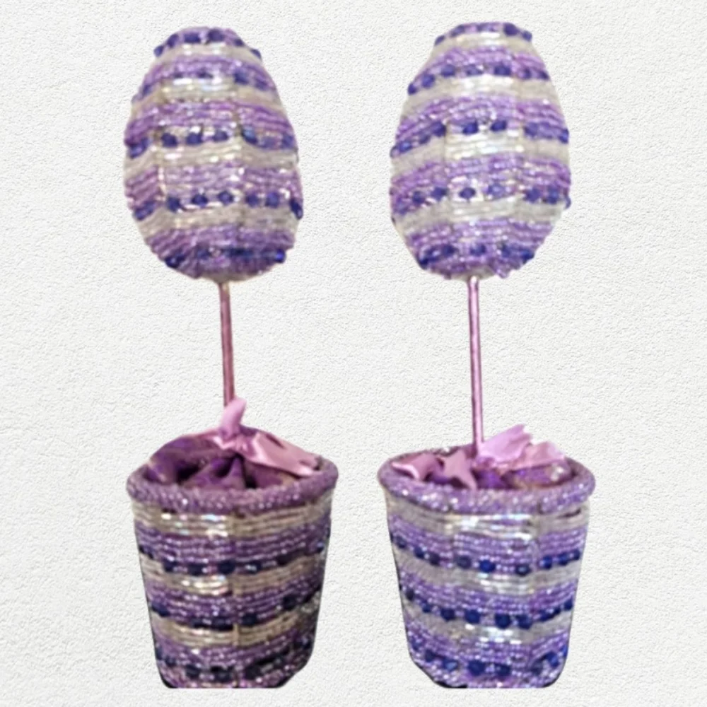 Pier 1  Purple Lavender White Beaded Easter Egg Tree and Basket set